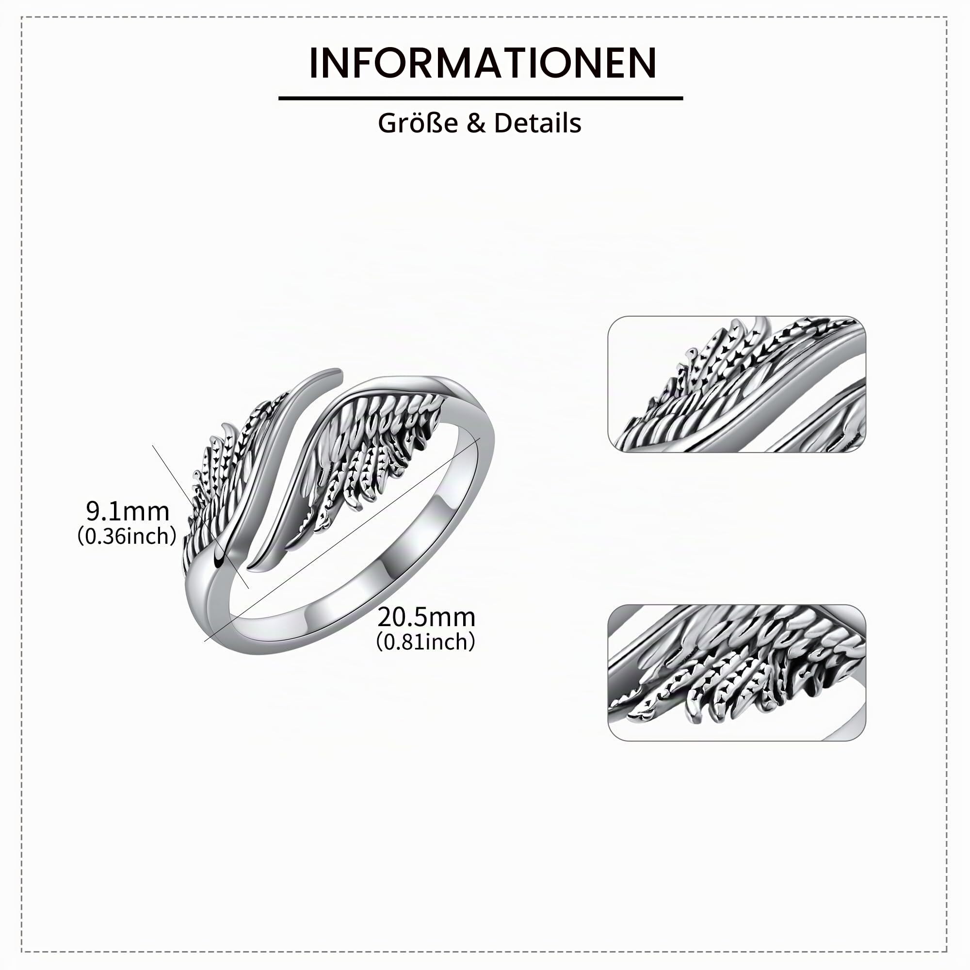 DAYLINLOVE Engelsflügel Ring 925er Sterling Silber Feder Engelsflügel Verstellbarer Offener Daumen Ring Engel Christlicher Religiöser Jahrestag Schmuck Geschenke Damen Mädchen