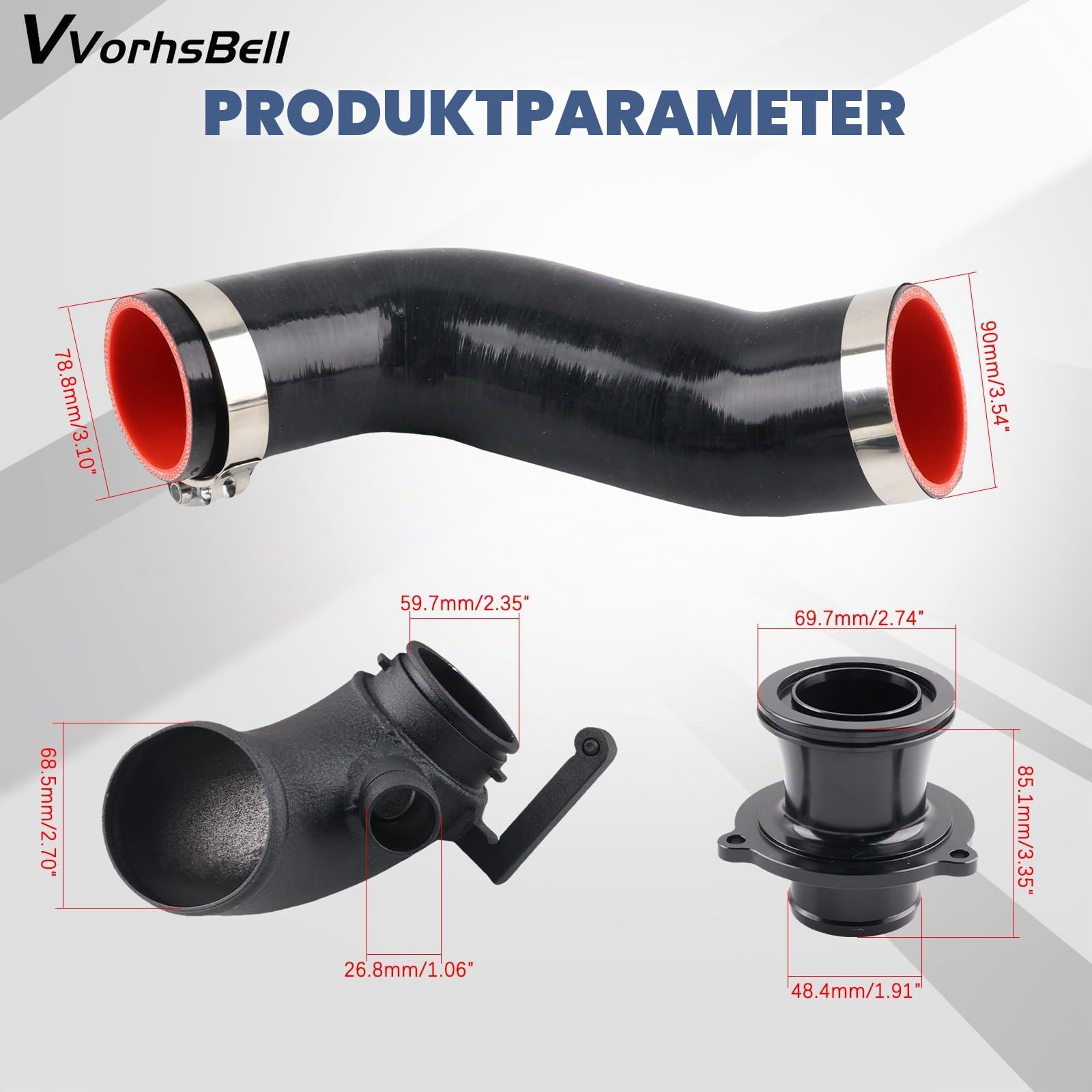 Turbo-Einlassrohr-Set, kompatibel mit VW Golf MK7/7.5 GTI R, Audi A3 S3 8V TT EA888 IS20 IS38 – High Flow Aluminium Ellenbogen & Silikonschlauch & Schalldämpfer löschen