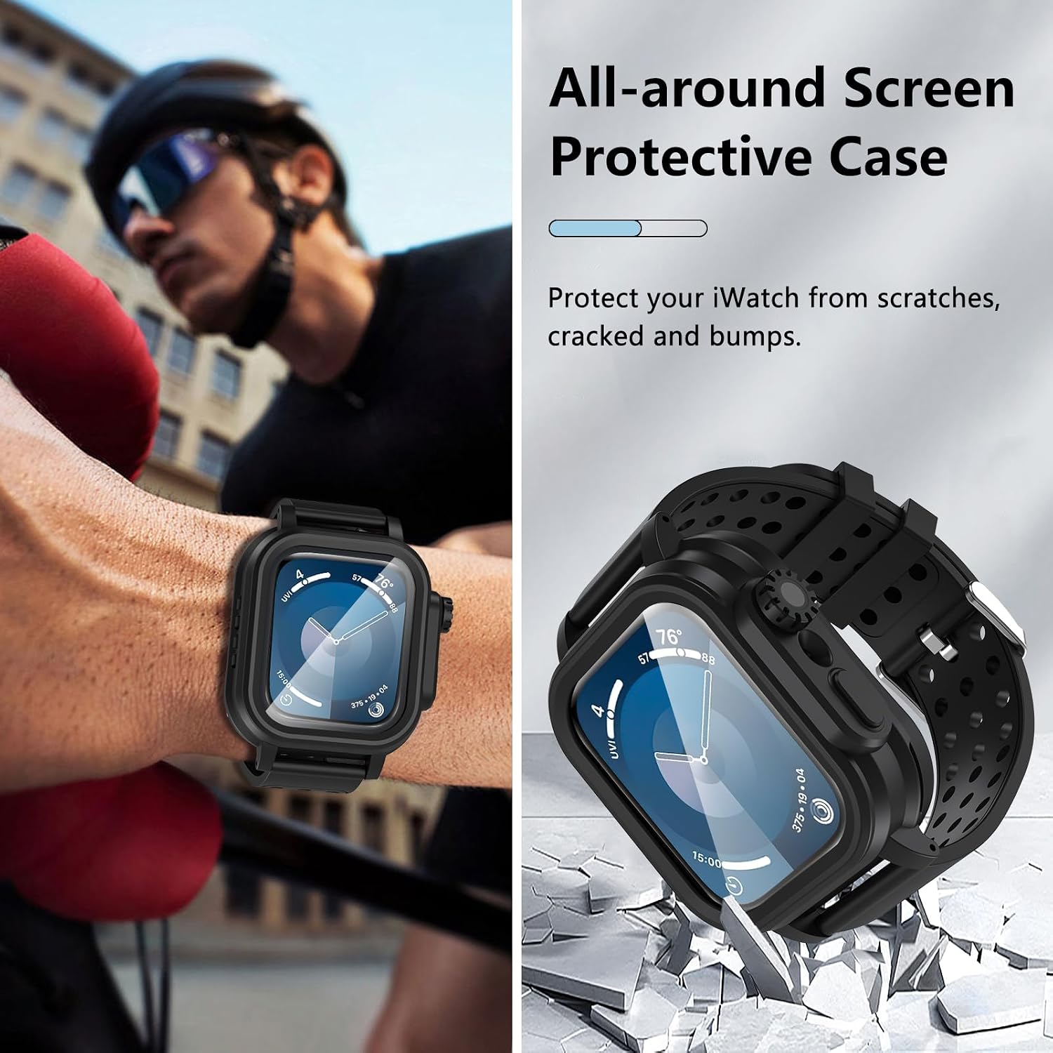 Hensinple IP68 Waterproof Case and Band for Apple Watch SE 2/SE Series 6/5/4 44mm with Screen Protector,Heavy Duty Shockproof Bumper Durable Cover for Apple Watch SE 2/SE Series 6/5/4 44mm Black
