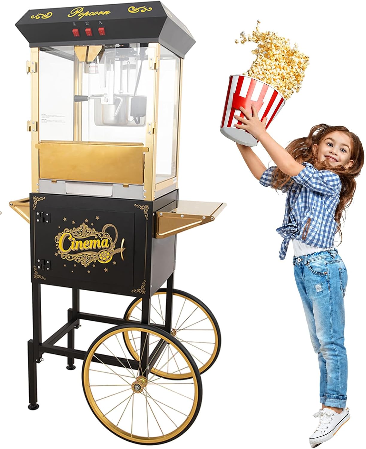 16oz Commercial Popcorn Machine with Cart, 850W Large Vintage Pop Corn Machine with Warming Deck, Large Movie Theater Popcorn Maker with Stainless-Steel Kettle for Home & Party Use (Black)