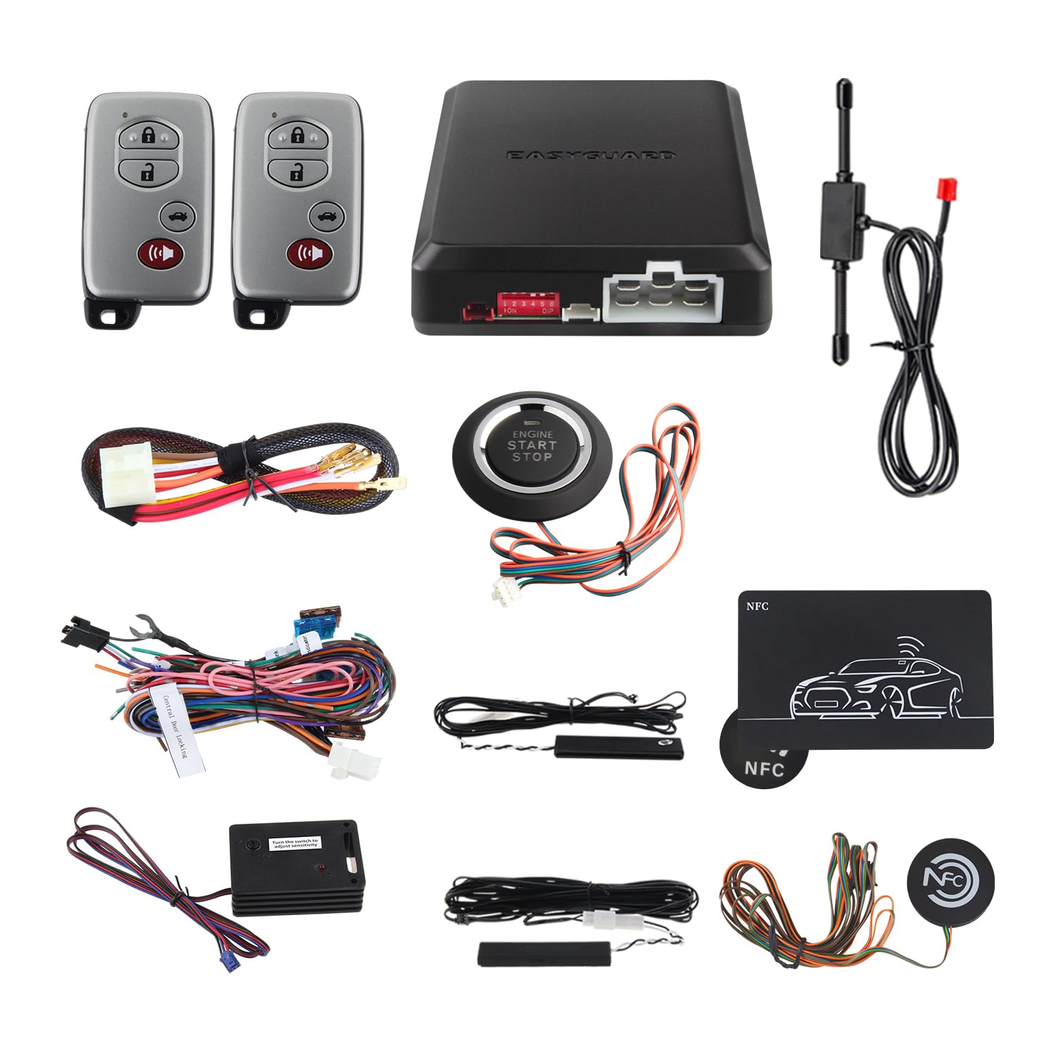 ec002-T-NS Rolling Code PKE car Alarm System with Passive keyless Entry Remote Start Push Button Start Stop Lock and Unlock Entry Shock Sensor Warning auto Locking Unlocking car Doors