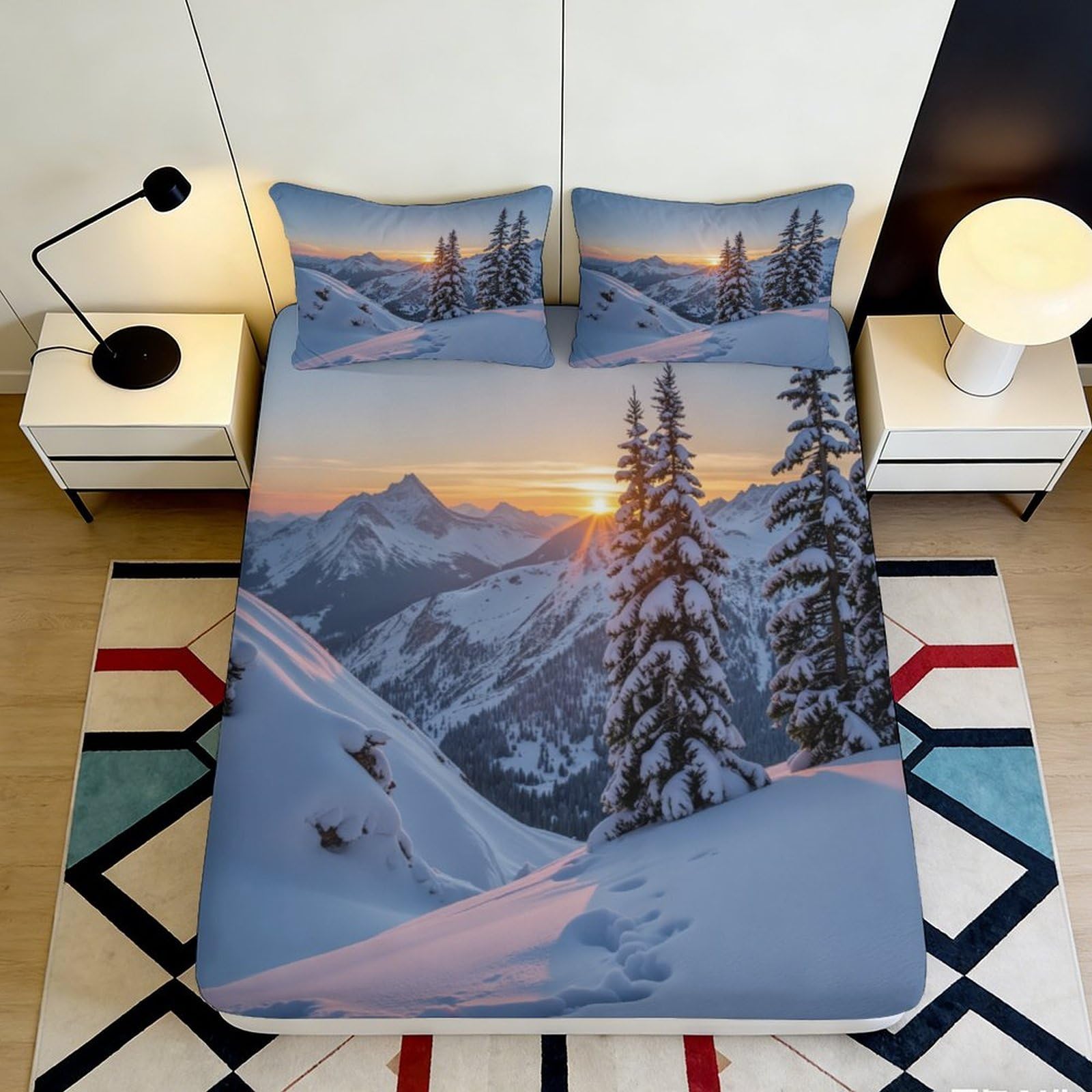 3D Printed Snow Mountain Sunrise Fitted Sheet Microfiber Soft Anti-Slip Winter Forest Mattress Cover Bedroom Decor 140x200x25cm