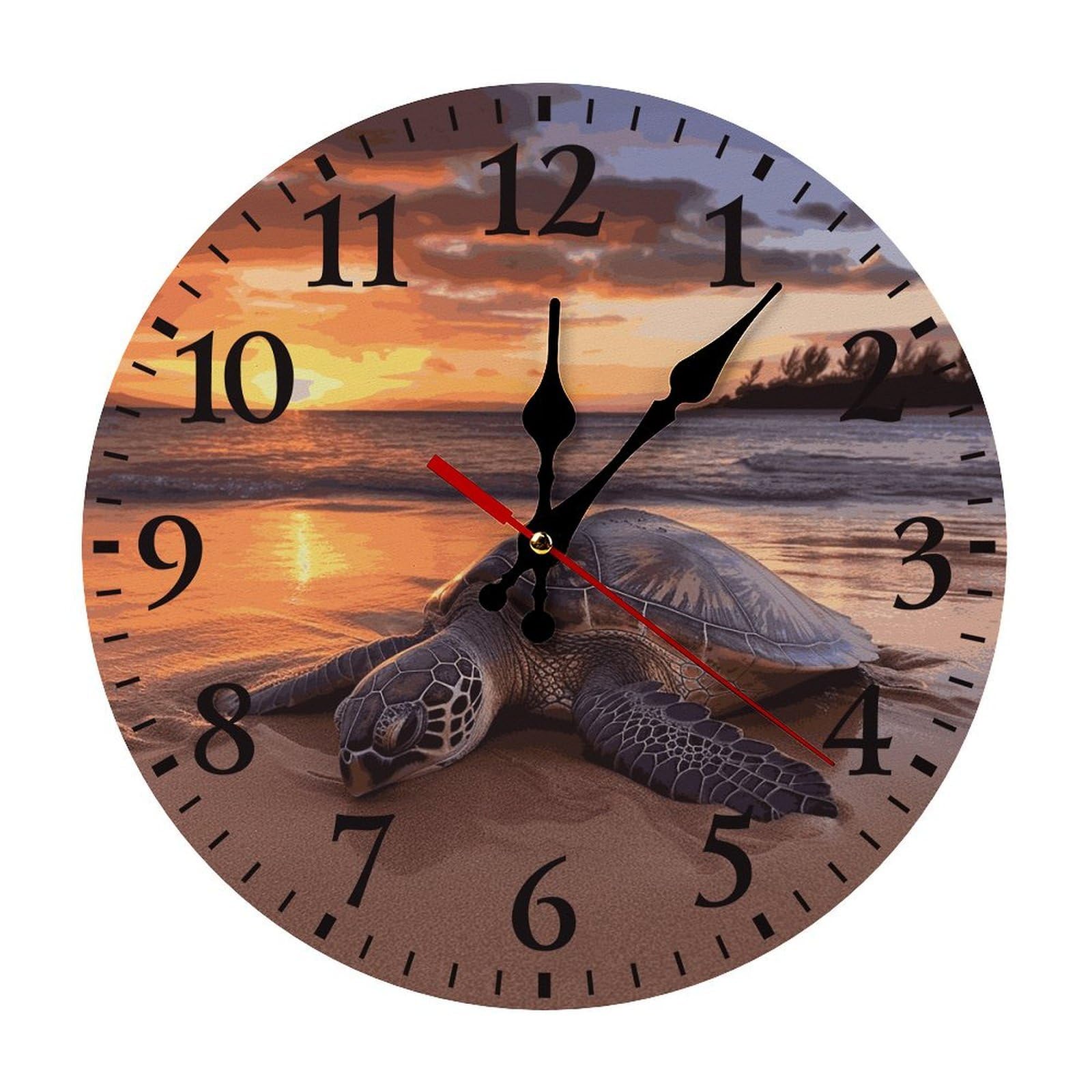 QMNLKH Sea Turtle Sunset Wall Clock for Home, Battery Operated Clock for Hotel, Round Wall Clock with Arabic Numerals Black, Easy to Read, Non-Ticking Clocks for Living Room 25 * 25cm