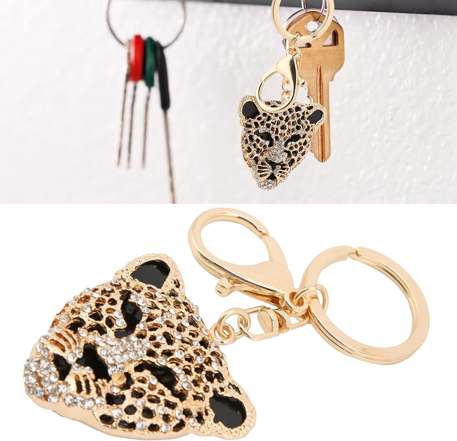 Leopard Key Bag Accessories, 2×1.97 in Leopard Charm, Rhinestones Purse Charms, Gold Cute Cheetah Head Wallet Charm Keychain for Decorating Girlfriend Handbags, Backpacks, Keys - Image 2
