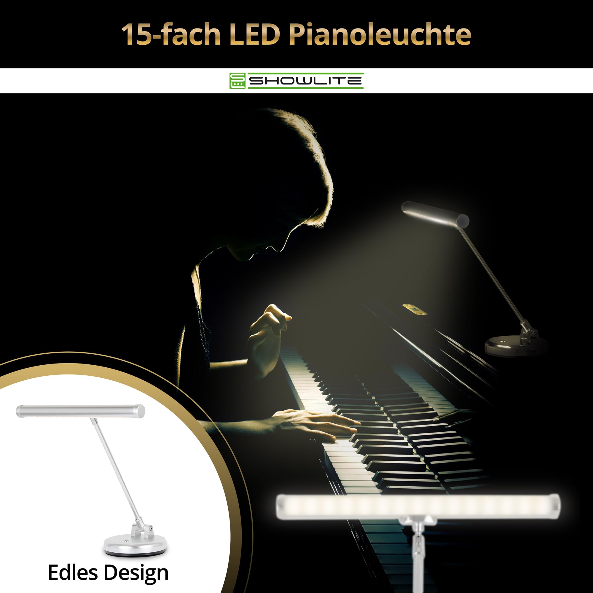 Showlite PL-1-SL-KW LED Klavierleuchte - Klavierlampe mit 15 LEDs - warmweißes Licht in 2 Stufen - 36 cm Höhe - Betrieb per USB, Netzstrom oder Batterie - silber matt