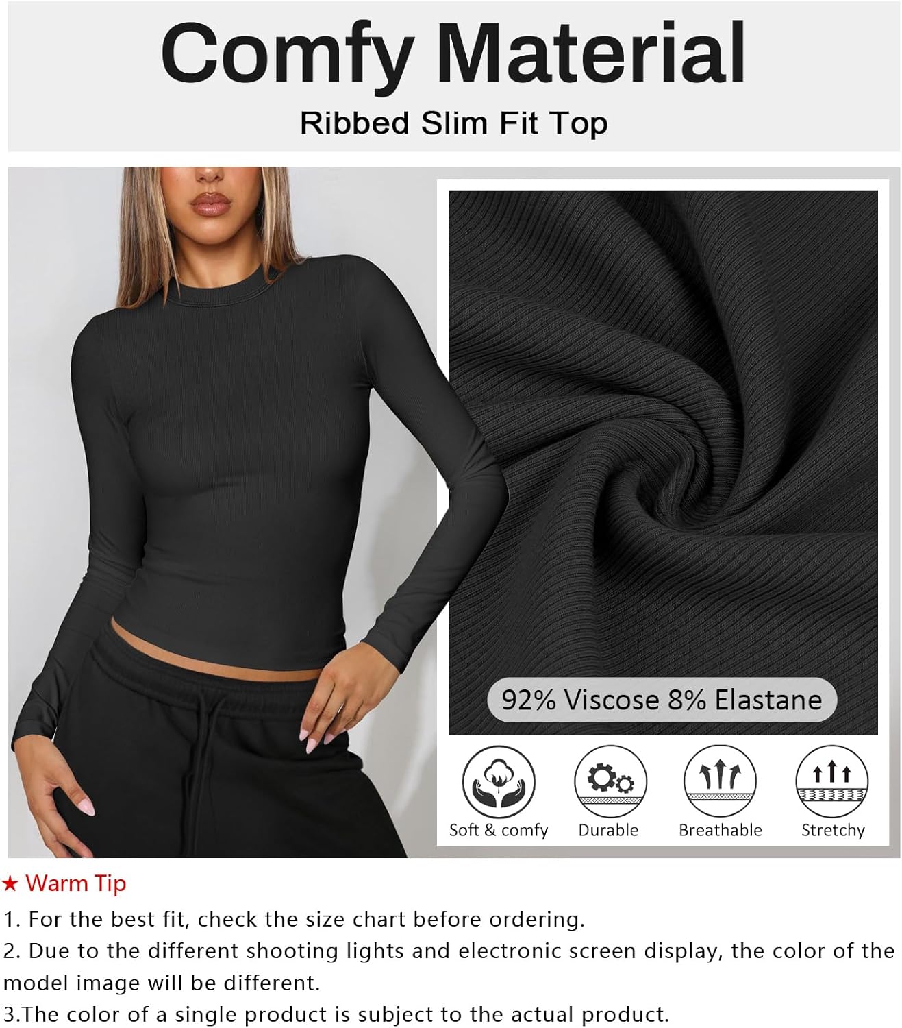 Womens Ribbed Long Sleeve T Shirts Crew Neck Fall Basic Tight Tops Fitted Casual Going Out Workout Cotton Fall Tops - Image 5