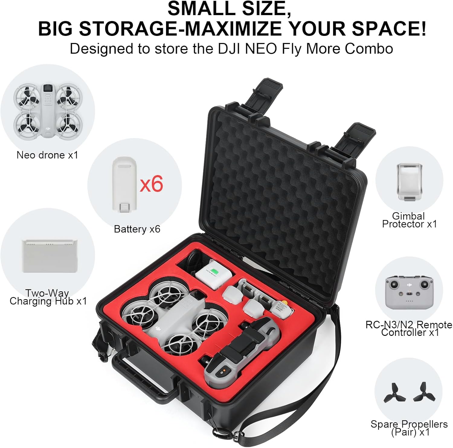 SN3 Waterproof Hard Case for DJI Neo Drone Fly More Combo- 6 Batteries, RC-N3/N2, Charging Hub & Accessories, Lightweight Carrying Case with Shoulder Strap for Travel and Outdoor Protection