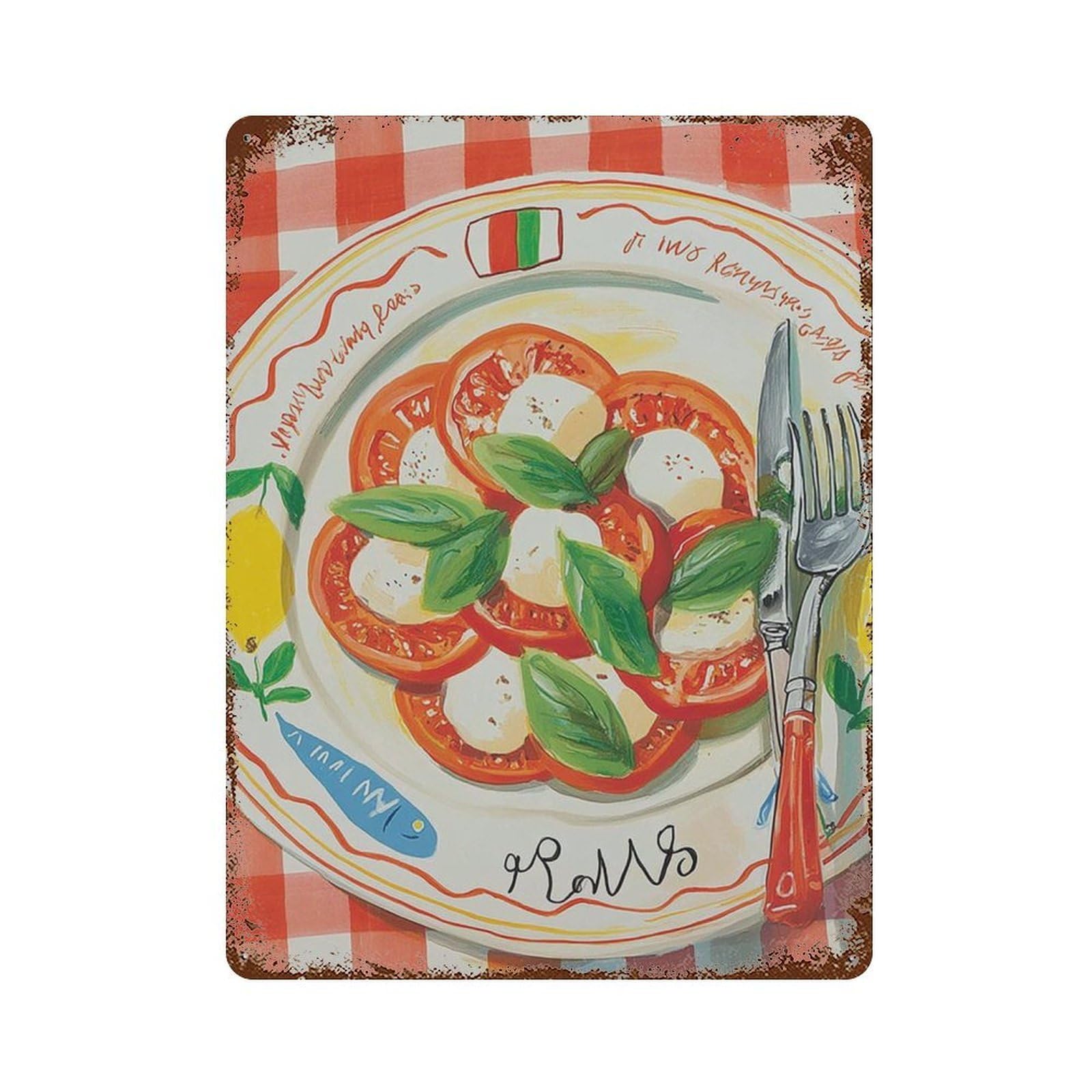 xiaoxiaoshen Italian Kitchen Gouache Painting Tomato Mozzarella Red Check Mediterranean Food Wall Decor Art Metal Tin Poster Modern Home Decor Art Home Bar Shop Decorations Vintage Sign 40x30cm