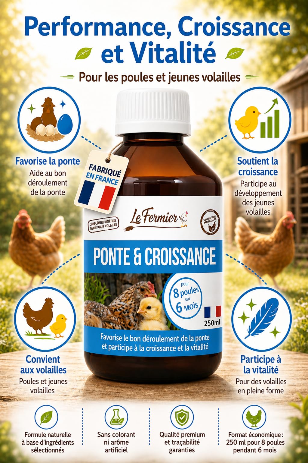 Ponte & Croissance 250 ML – Complément Alimentaire Liquide pour Poules & Volailles – Favorise la Ponte et Le Développement – sans Risque pour Les Œufs – Solution Buvable