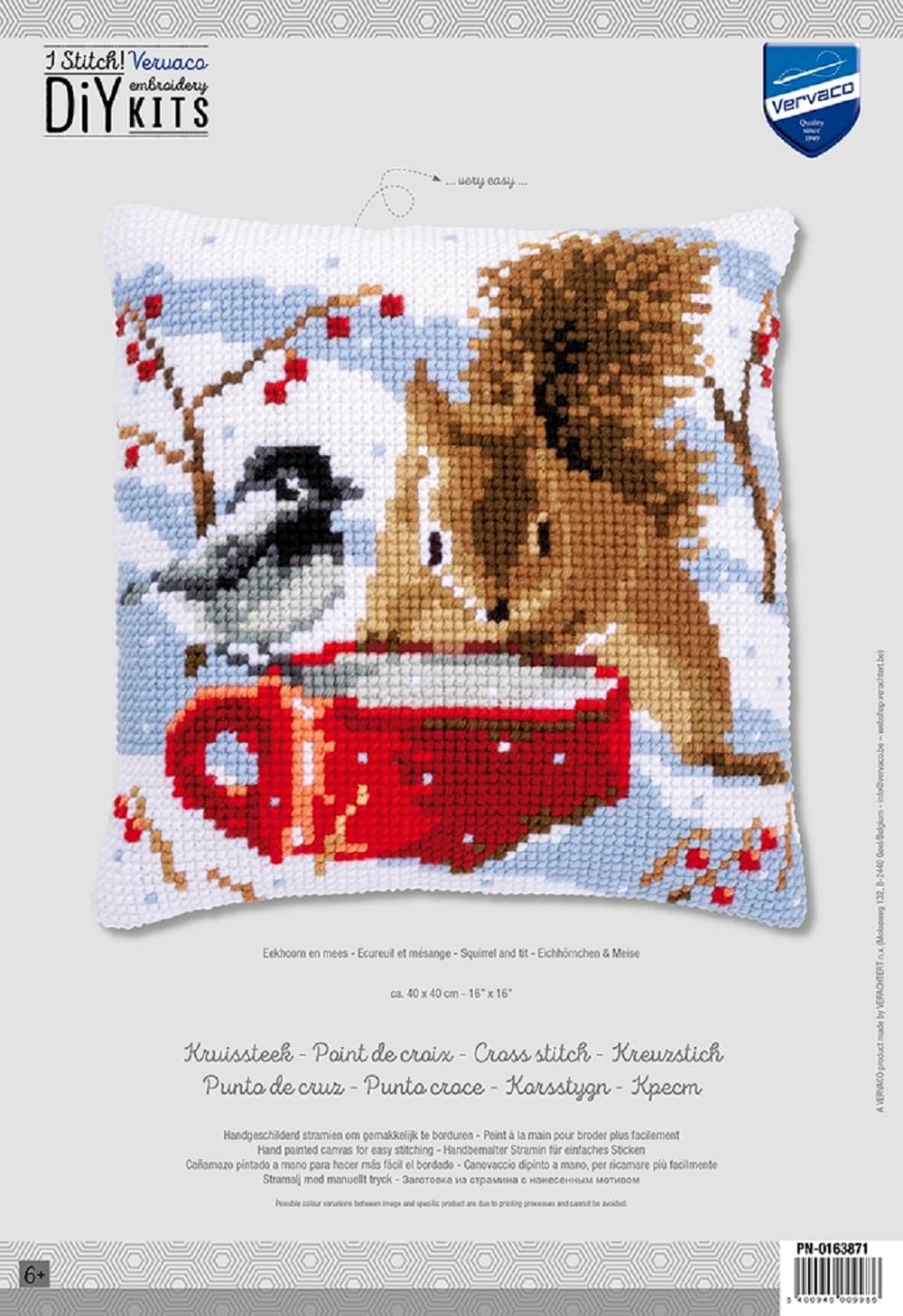 Vervaco Cross Stitch Christmas Embroidery Kits Pillow Front for Self-Embroidery with Embroidery Pattern on 100% Cotton, 15,75 x 15,75 Inches - 40 x 40 cm (Christmas Squirrel)