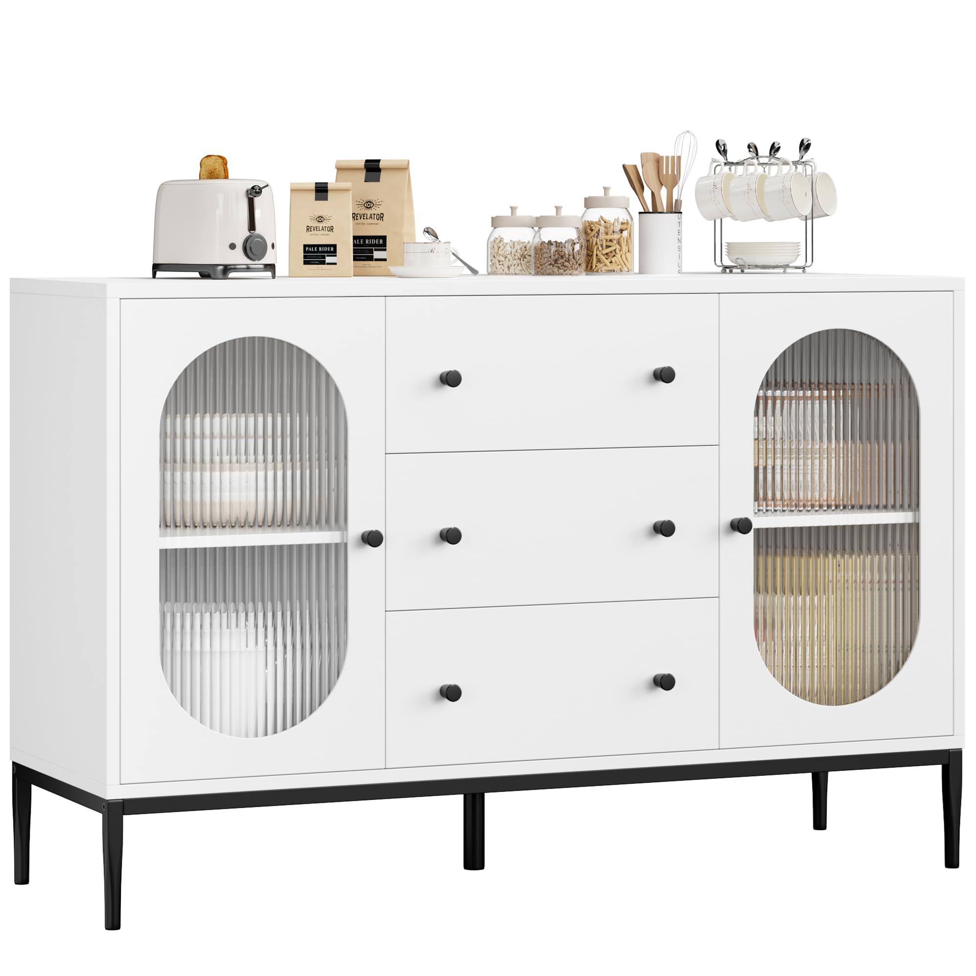 BTM Buffetschrank 120 Cm Breit – Mit Schiebetüren & 3 Schubladen, Rustikaler Landhausstil, Weiß, Für Küche/Esszimmer