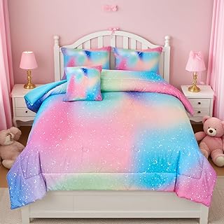 URBONUR Rainbow Comforter Set Queen for Girls 6 Pieces Bed in A Bag for ...