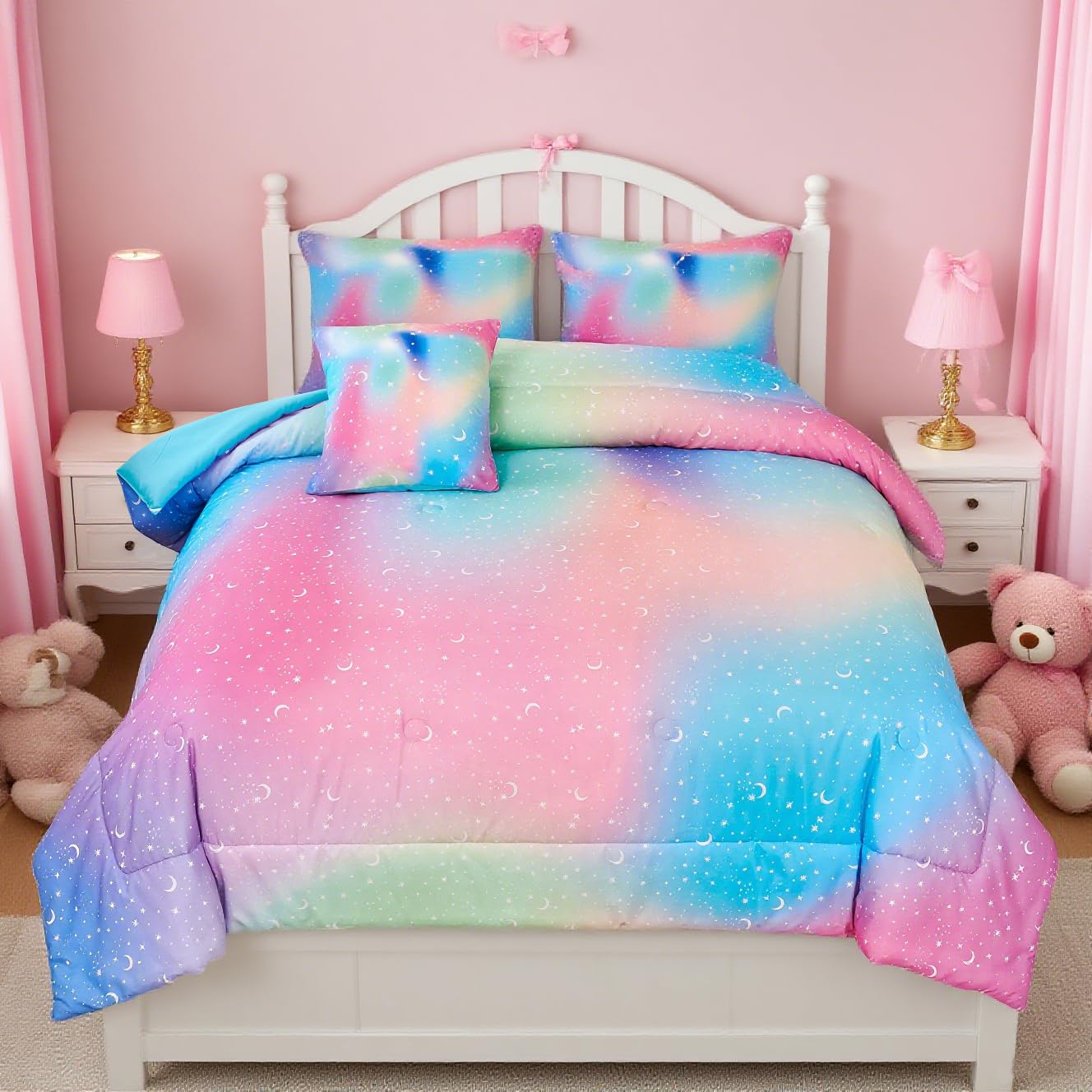 URBONUR 6Pcs Gradient Glitter Comforter Set for Girls Twin Size Colorful Rainbow Pink Blue Bedding Set, Soft & Breathable Kids Bed in a Bag