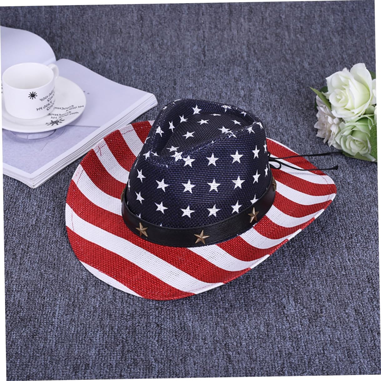 Uonlytech Western Cowboy Straw Hat for Men Wide Brim Sun Hat Outdoor Sun Protection Red Pattern Cowboy Cap for Beach Party Role Play