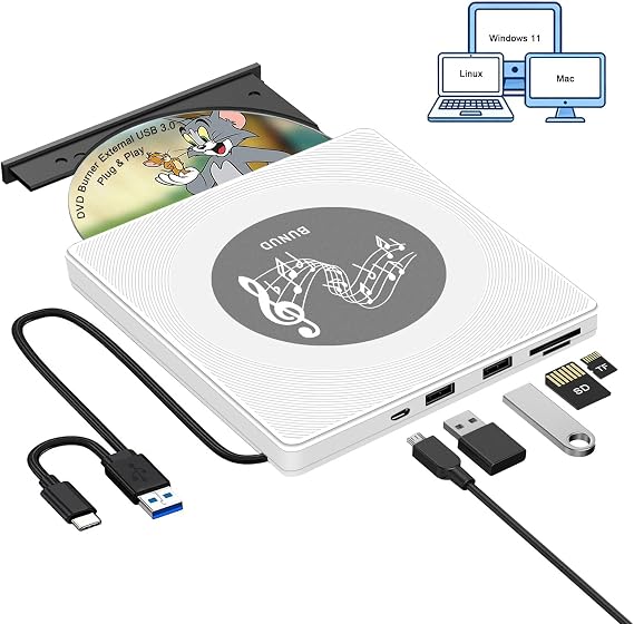 BUNUD External CD DVD Drive: USB C & USB 3.0 CD Burner DVD Player for Laptop PC Windows 11 Mac Linux - Optical Disc Reader Writer with 2 USB/TF/SD Slots - Plug & Play White