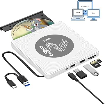 BUNUD External CD DVD Drive USB C & USB 3.0 CD Burner DVD Player for Laptop PC Windows 11 Mac Linux - Optical Disc Reader Writer with 2 USB/TF/SD Slots - Plug & Play White