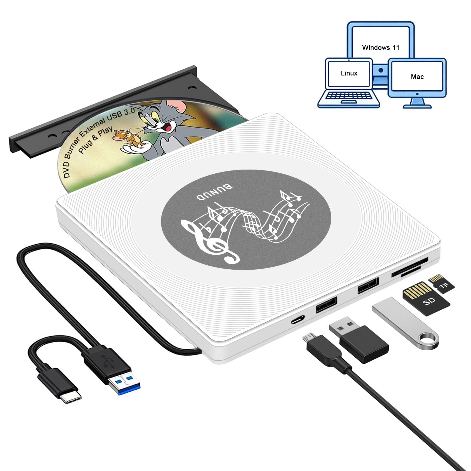 Amazon.com: BUNUD External CD DVD Drive: USB C & USB 3.0 CD Burner