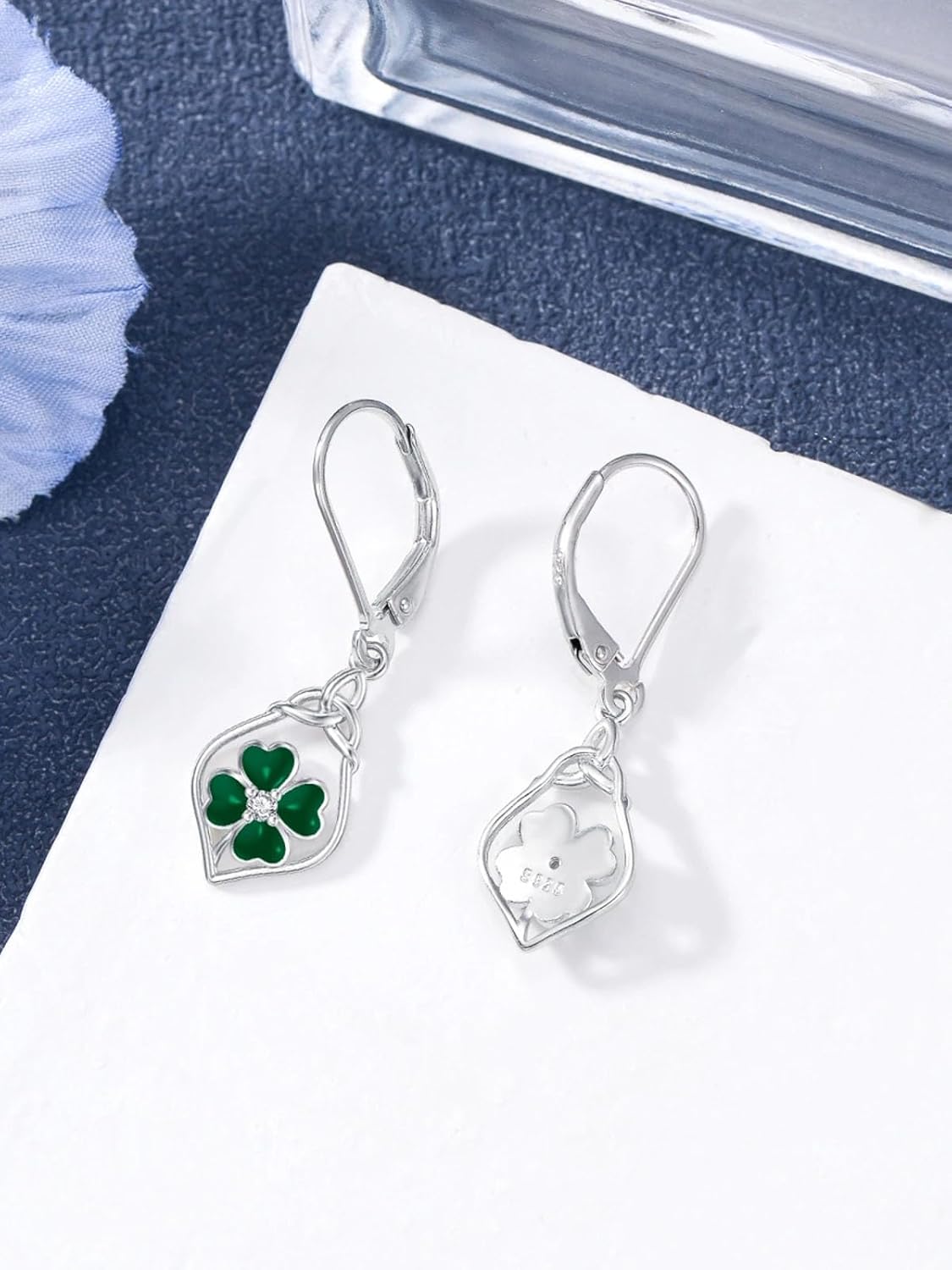 St Patrick's Earrings Four Leaf Clover/Shamrock Hat/Rainbow/Mardi Gras Fleur De Lis Earrings 925 Sterling Silver Celtic Knot Clover Dangle Earring St Patricks Day Jewelry for Women - Image 3