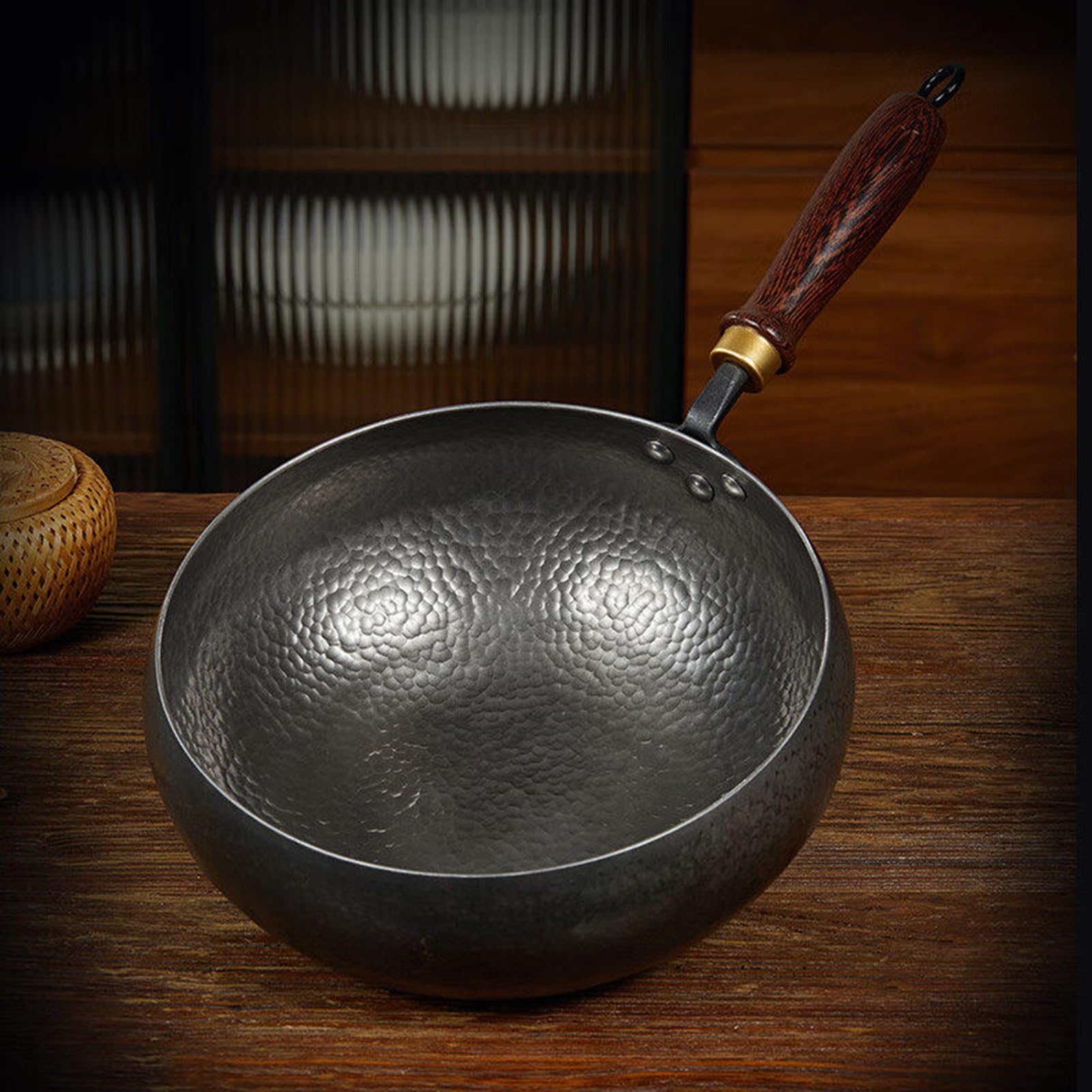 Generico Wok A Fondo Piatto In Ferro Con Coperchio In Legno, Grande In Acciaio Al Carbonio, Padella Multiuso A For Cibo Occidentale E Cinese(26cm)