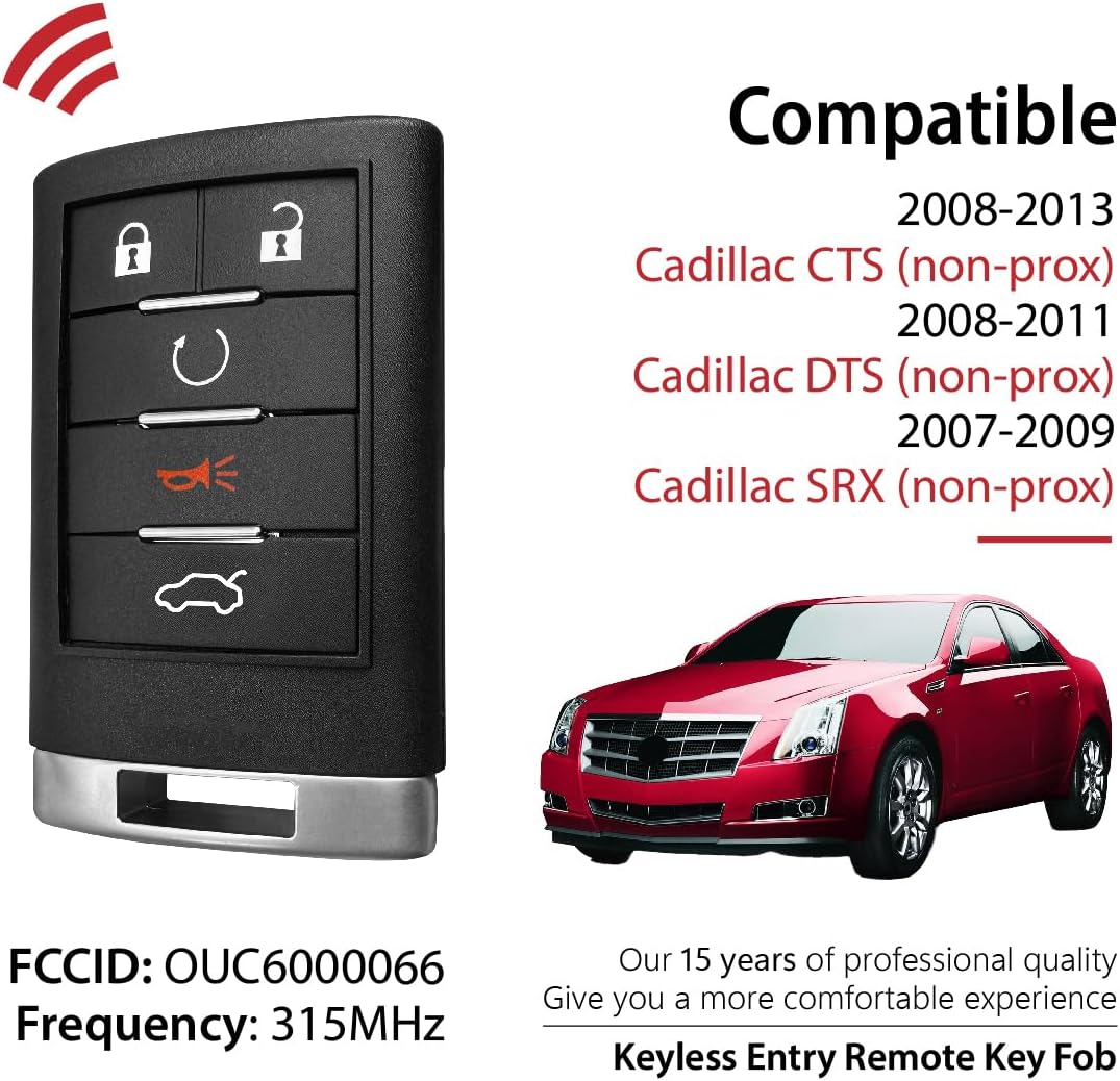 Car Key Fob Remote Keyless Entry Control OUC6000066 315MHz 5 Button Replacement for 2007-2013 Cadillac CTS DTS SRX - 2 Pack