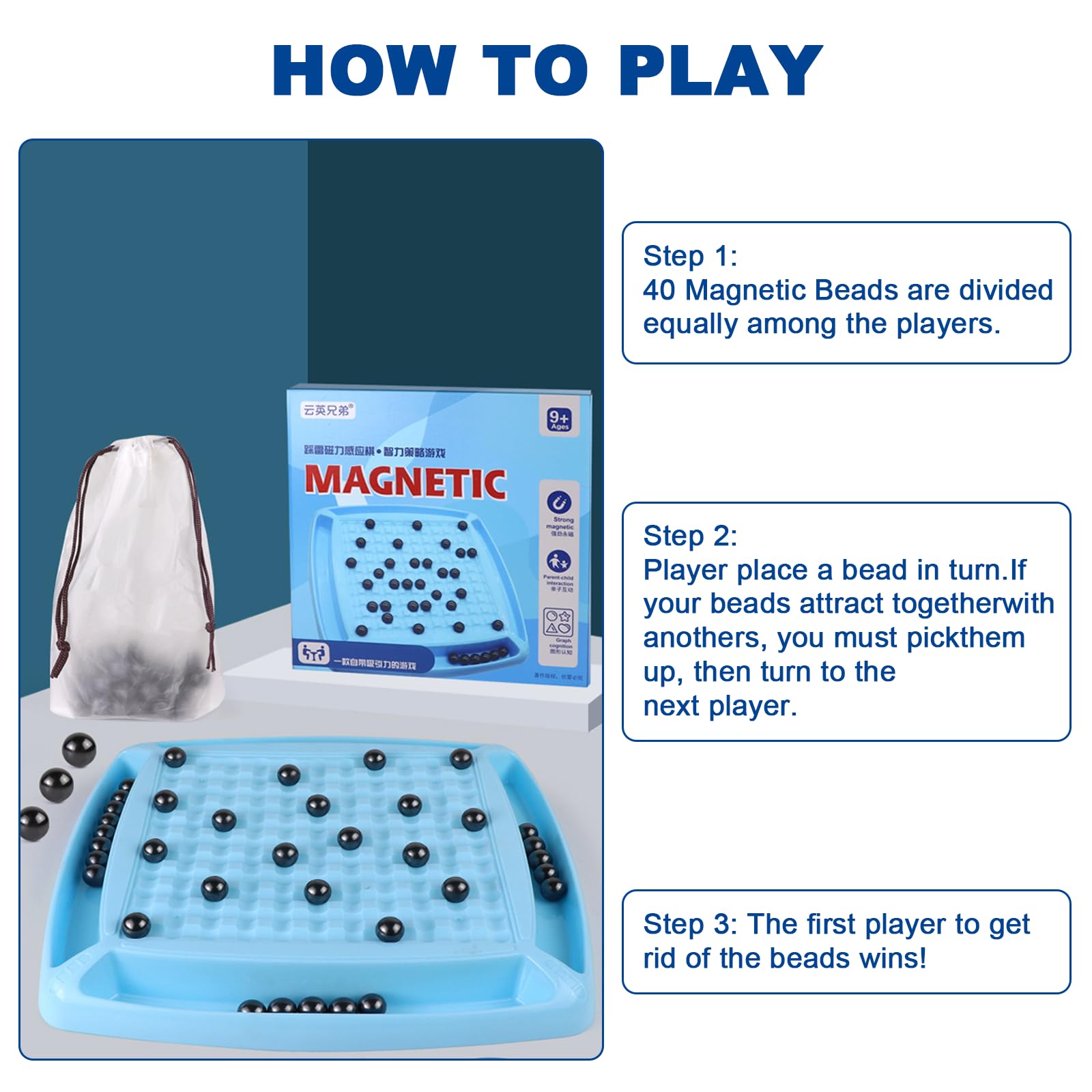 Magnetisches Schachspiel, Schachbrett Doppelduell mit Aufbewahrungstasche, Tragbares Magnetspiel Logik Spiele für Kinder und Erwachsene ab 8 Jahren für Reisen, Camping, Partys (Blau)