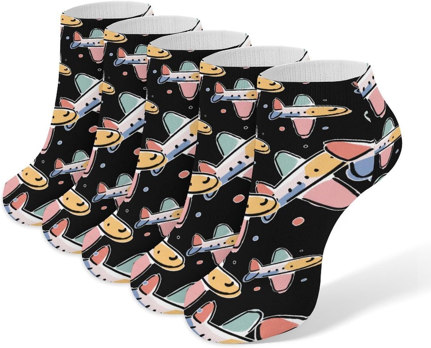 Airplane Plane Minimalism No Show Ankle Socks Low Cut Non Slip Flat Boat Line 5 Pairs Set