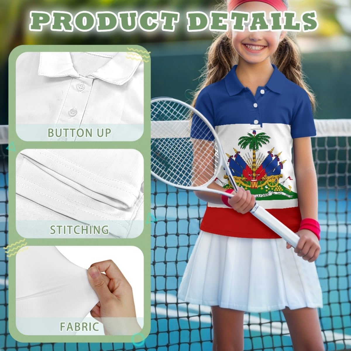ENLACHIC Girls Golf Polo Shirts Haitian Flag Print Short Sleeve Button Up Summer Casual Tennis Collared Shirts