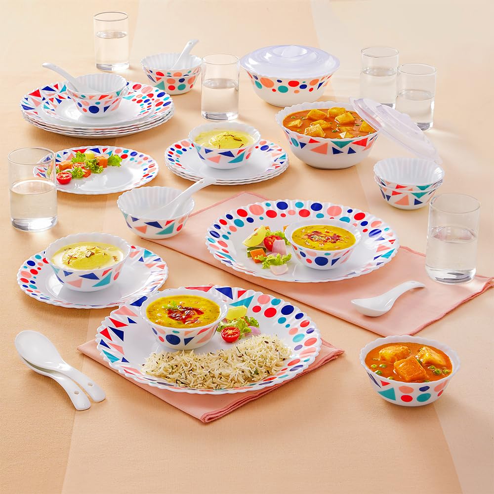 Larah by Borosil Speckle Polka Dots Silk Series Opalware Dinner Set with Glasses,40 Pieces for Family of 6,Microwave&Dishwasher Safe,Bone-Ash Free,Crockery Set for Dining&Gifting,Plates&Bowls,White (B0C53P1B3Q) Amazon Price History, Amazon Price Tracker