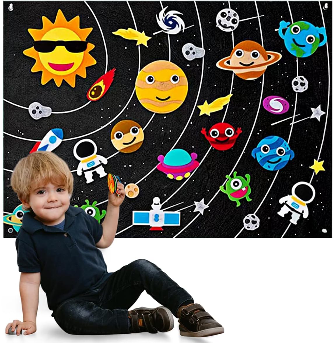 Outer Space Felt Story Board Set 3.5 Ft Solar System Universe Storytelling Flannel Interactive Play Kit with Hooks Astronaut Planets Alien Galaxy Reusable Wall Hanging Gift for Boys Girls