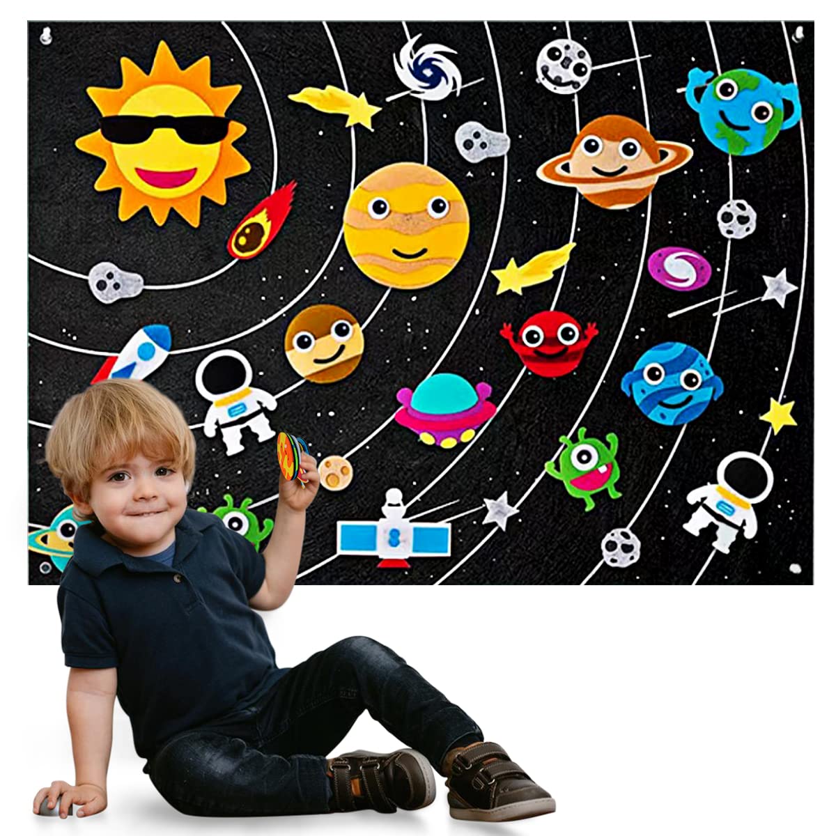 Outer Space Felt Story Board Set 3.5 Ft Solar System Universe Storytelling Flannel Interactive Play Kit with Hooks Astronaut Planets Alien Galaxy Reusable Wall Hanging Gift for Boys Girls
