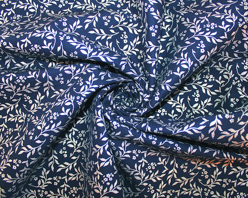 Glamour Secrets Navy/Silver Christmas Fabric - Metallic Leaves On Blue - Xmas Craft Fabric Material Metre