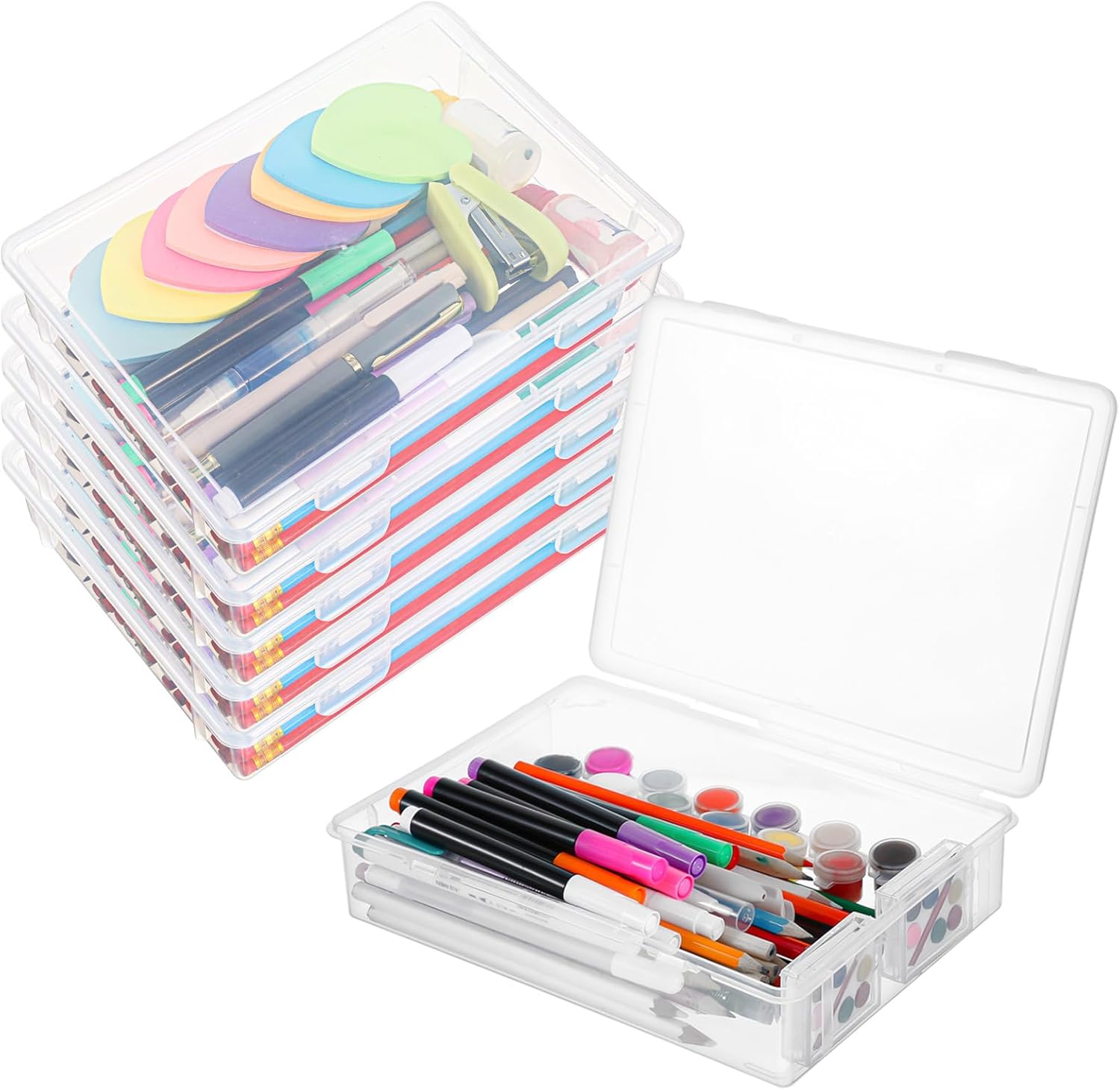 Lemecima 6 Pcs 7'' x 9'' x 2'' Plastic Storage Box with Lid Multipurpose Craft Organizers Plastic Containers Clear Pencil Case Art Satchel Storage Case for Beads Ornaments Crafts Accessories