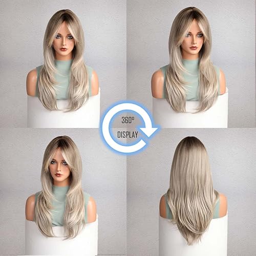 Miniatura 5 de WL-09 Pelucas de longitud larga para mujer, peluca en capas con flequillo, cabello largo y lacio, longitud hasta el hombro, pelucas de cabello