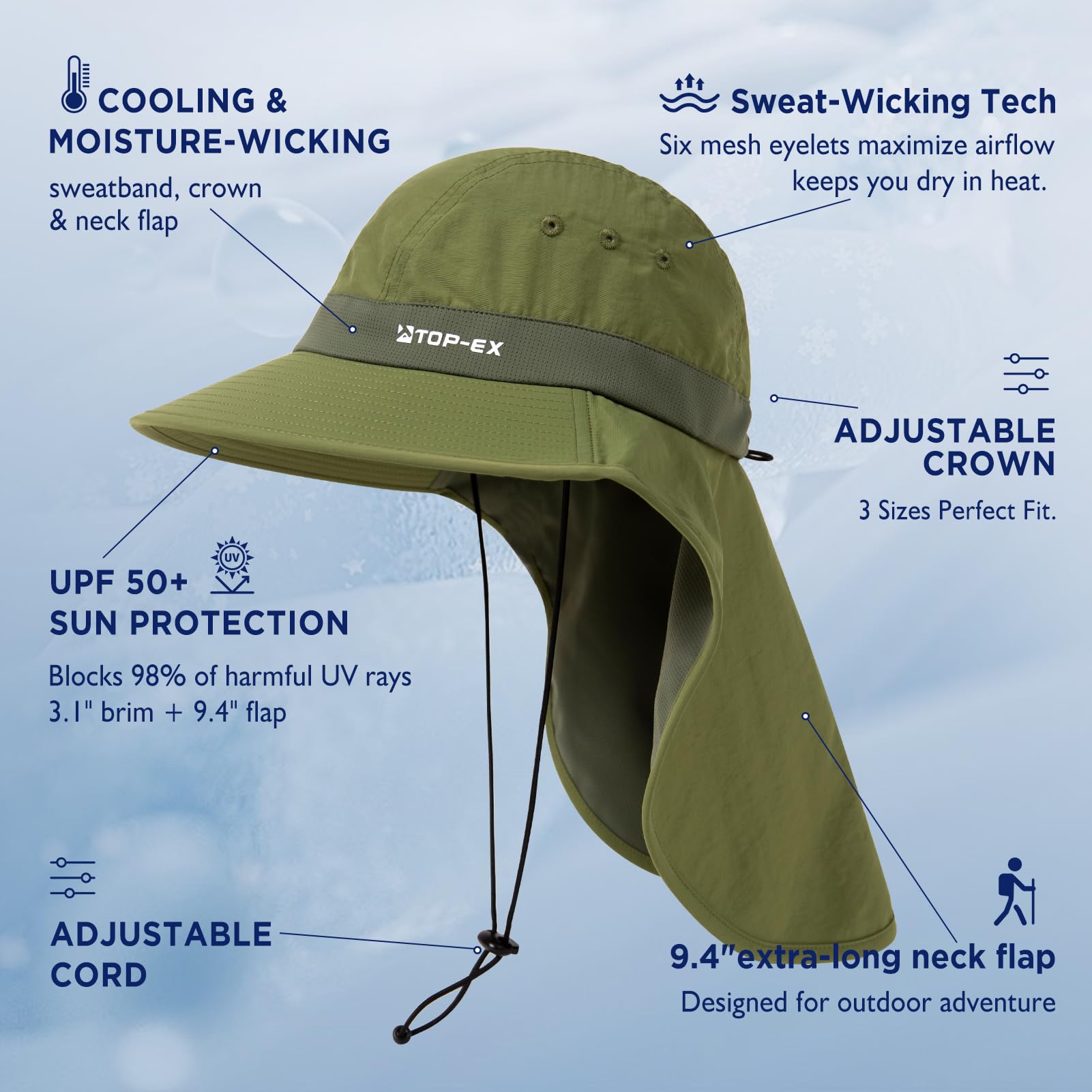 TOP-EX Cappello da sole da uomo con protezione per il collo, protezione UV 50+, cappello da trekking con tecnologia di raffreddamento, tesa larga e pieghevole, cappello da pescatore Safari per
