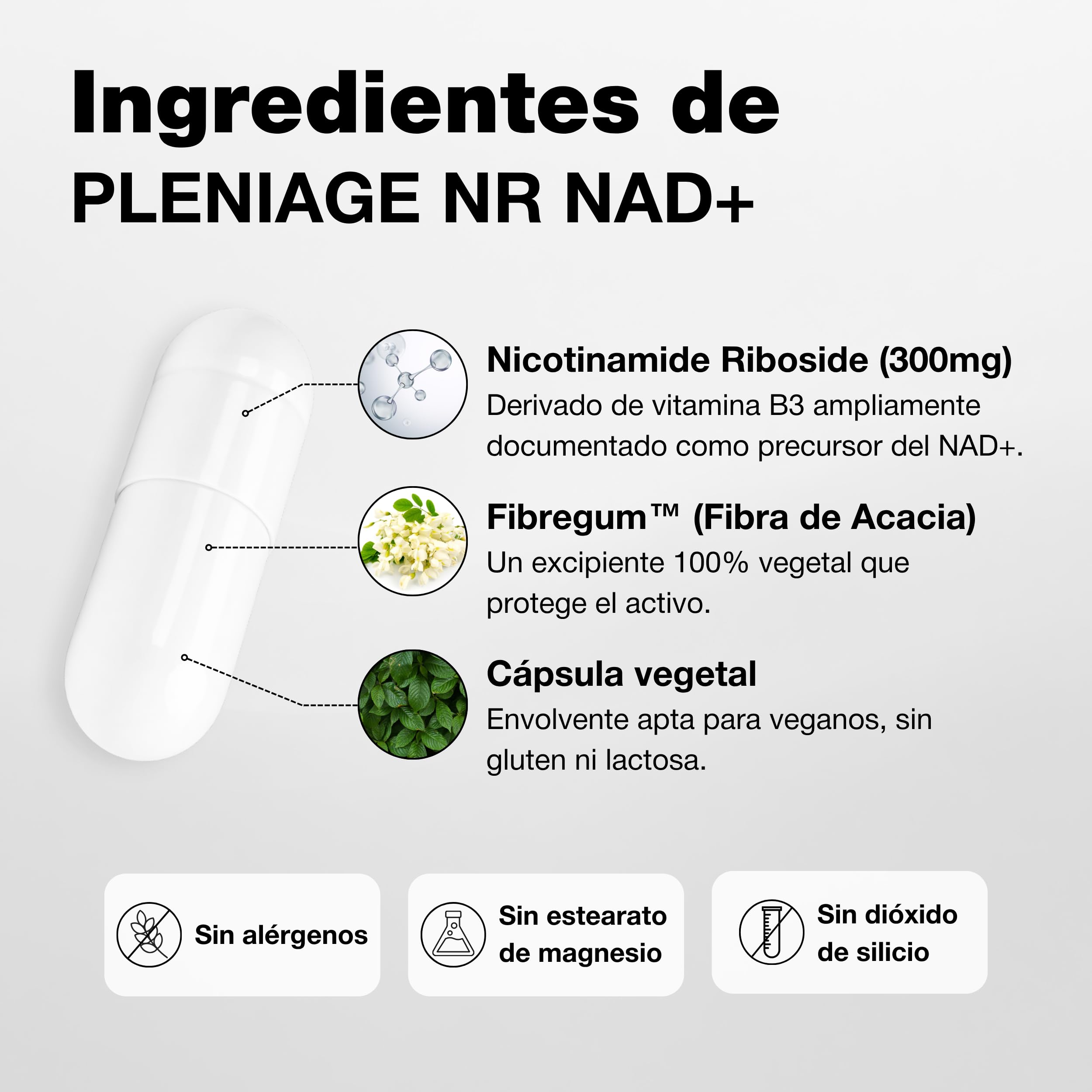 NR NAD+ | Nicotinamide Riboside 300mg | 30 Cápsulas | Puro +99% sin aditivos. Vegano, sin gluten ni lactosa. Alternativa a NMN. Certificado Clean Label. Fabricado en España.
