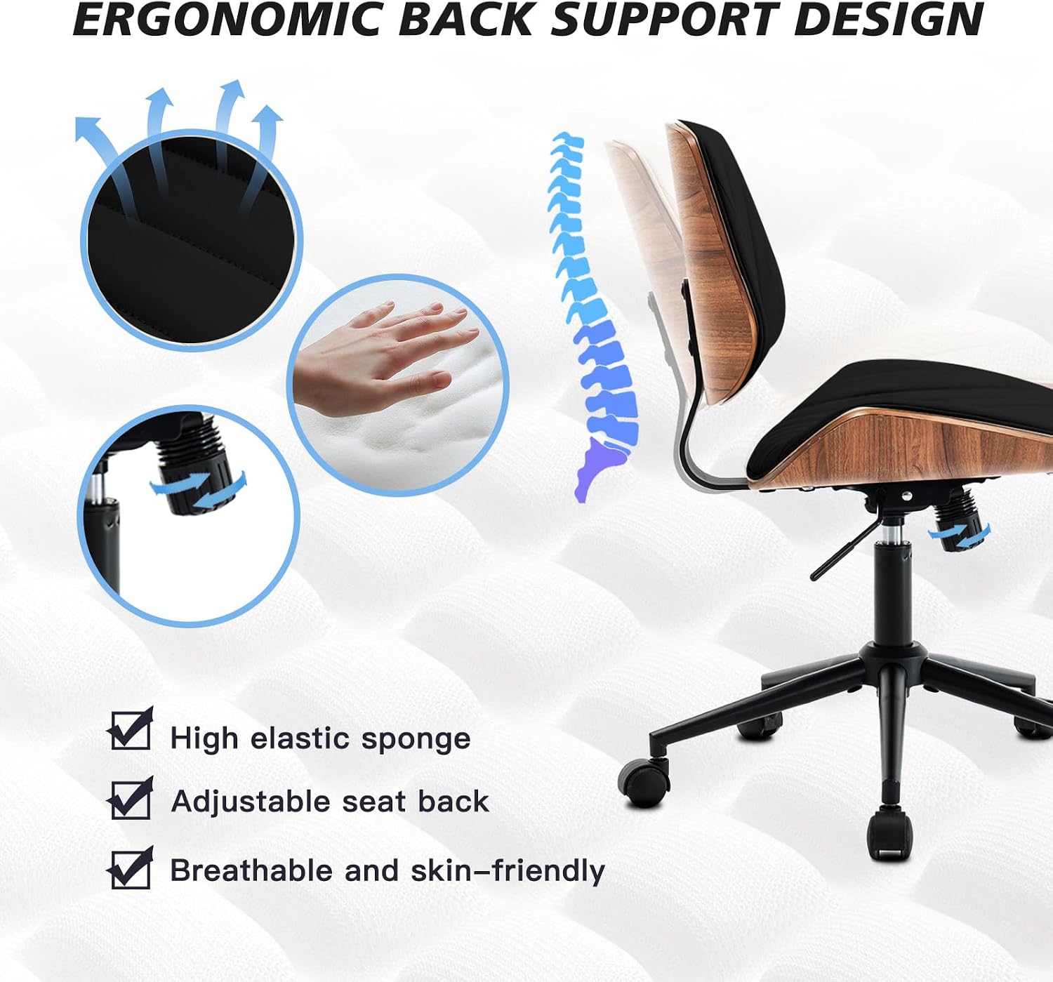 Armless Desk Chair with 360°Swivel Wheels, Ergonomic Adjustable Height Computer Chair for Home Office,PU Leather with Modern Walnut Drafting Chairs for Office, Reading Nook(Black)