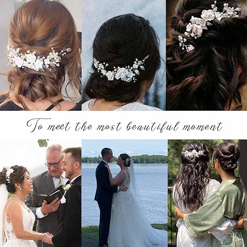 Miniatura 6 de CASDRE Flower Bride Wedding Hair Vine Pearl Bridal Headpiece - Accesorios para el cabello de hojas para mujeres y niñas (A plateado)