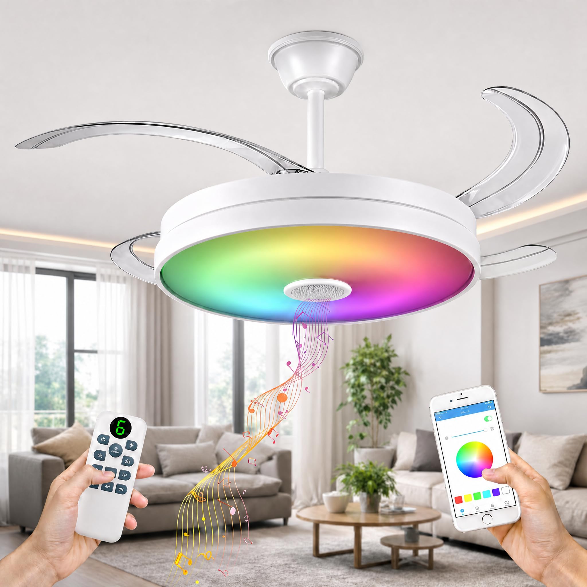 Ventilador de Techo con Música - 108 cm de Ancho con Aspas Retráctiles, Luz LED y RGB - Silencioso con Lámpara y Moderno, Multifunción con Mando a Distancia y APP