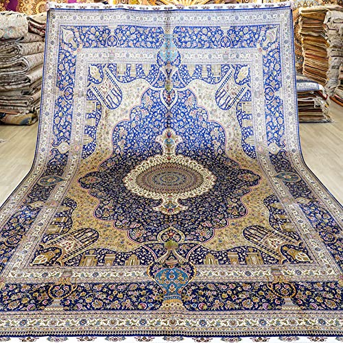 Yuchen Silk Rug 9x12 Brown Handmade Traditional Antique Medallion Vintage Luxury Oriental Silk Area Rug for Living Room