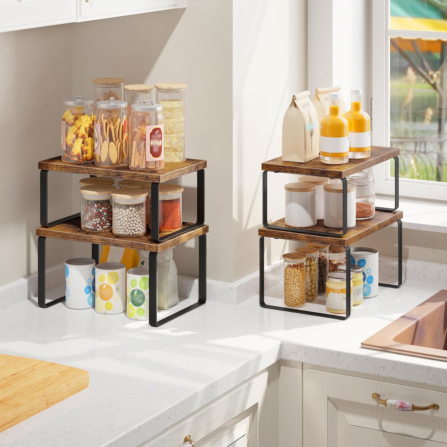 HOOBRO Cabinet Organizer Shelf, Set of 4, Kitchen Countertop Organizer, Kitchen Countertop Shelf, Spice Rack for Counter, Stackable, Expandable for Cabinet, Kitchen, Rustic Brown and Black BF33TLP201