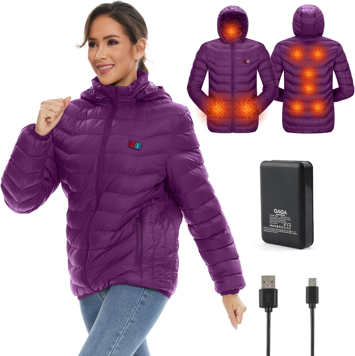 OAOA innovation Heated Jackets for Women, 9 Heating Areas With 10000mAh Power Bank,Winter Warm Outdoor Ski Coat
