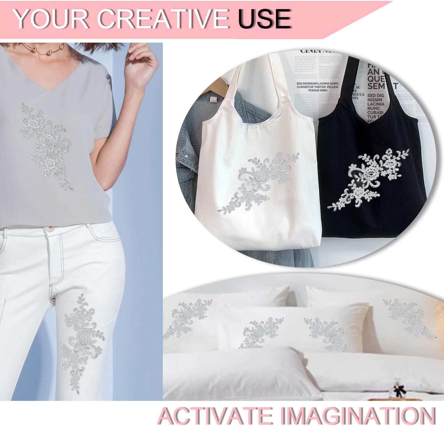 1 Pair Lace Applique,Lace Appliques Embellishments for Dance Costumes,Sequin Laces Applique Dress,Flower Embroidery Patch for DIY Sewing Wedding Crafts Decoration(1 Pair/Silver Gray)
