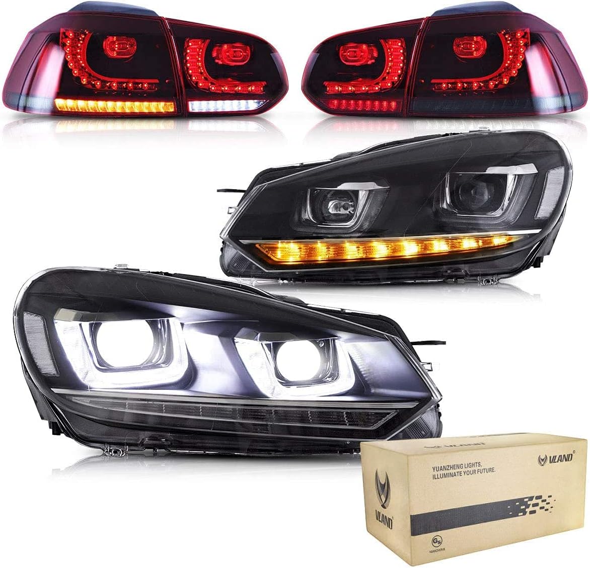 VLAND Headlights and Tail Lights for V-W Golf 6 Golf MK6 VI TSI 2008-2013 (only fit for haolgen version,not for GTI/R),With Sequential Turn Signal (Headlights+Tail Lights/Red and Smoked)