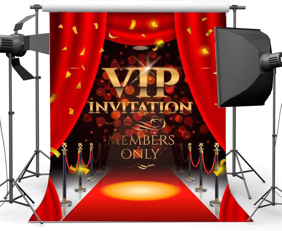 Wofawofa Vinyl 3X5FT VIP Invitation Backdrop Hollywood Backdrops Luxurious Stage Red Carpet Curtain Falling Golden Banner Bokeh Sequins Interior Photography Background for Photo Studio Props KX756