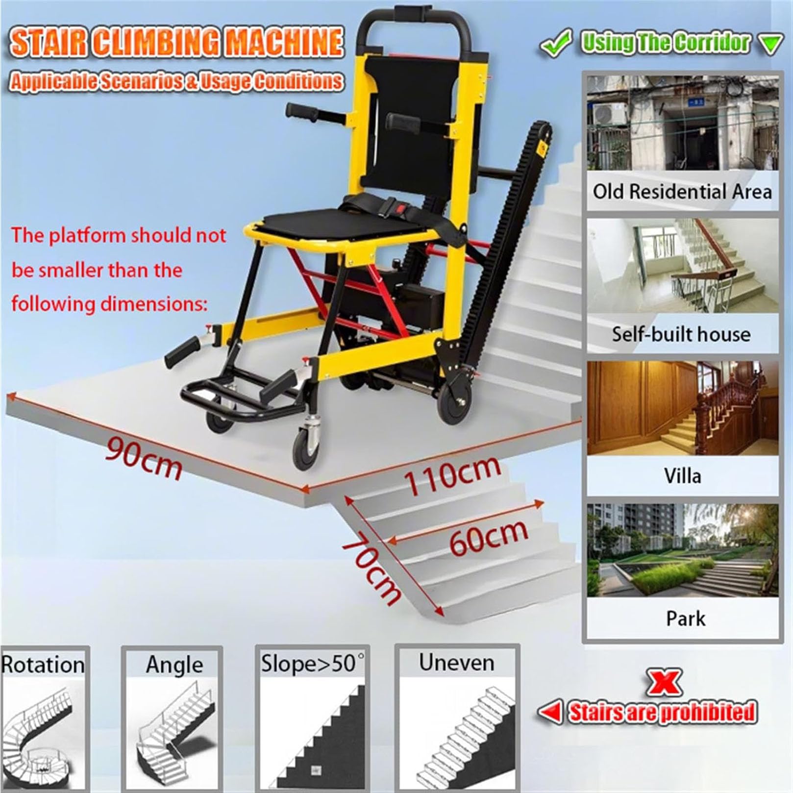 Silla de ruedas eléctrica para subir escaleras, elevador portátil para discapacitados y ancianos, capacidad de 370 libras, batería y cargador incluidos, solución de movilidad conveniente y segura