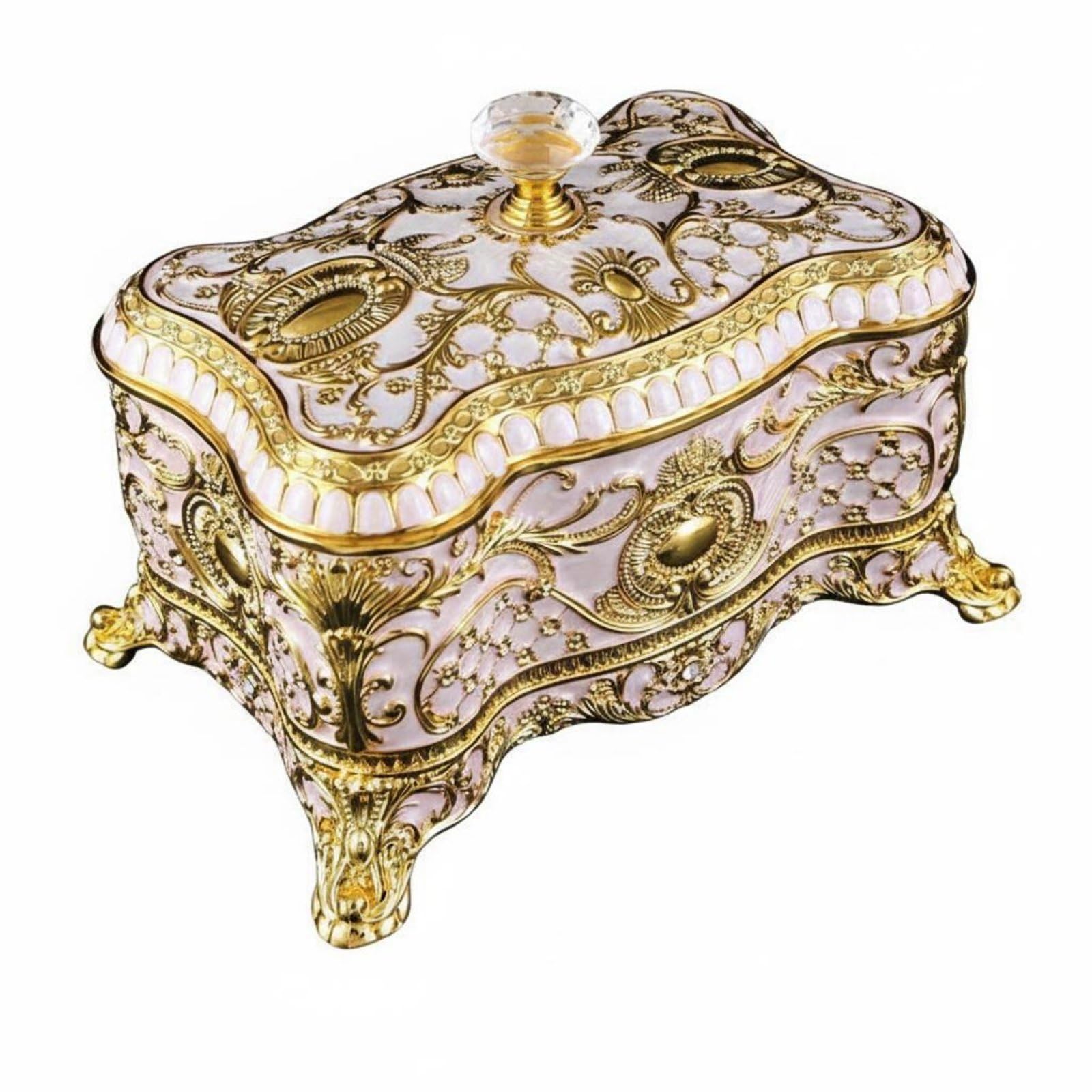 Portagioielli Scatola Gioielli Scrigno Portagioielli Cofanetto Gioielli Elegante in Lega di Zinco con Finitura Smaltata E Rilievi Europei Foderato in, Oro Bianco, Grande