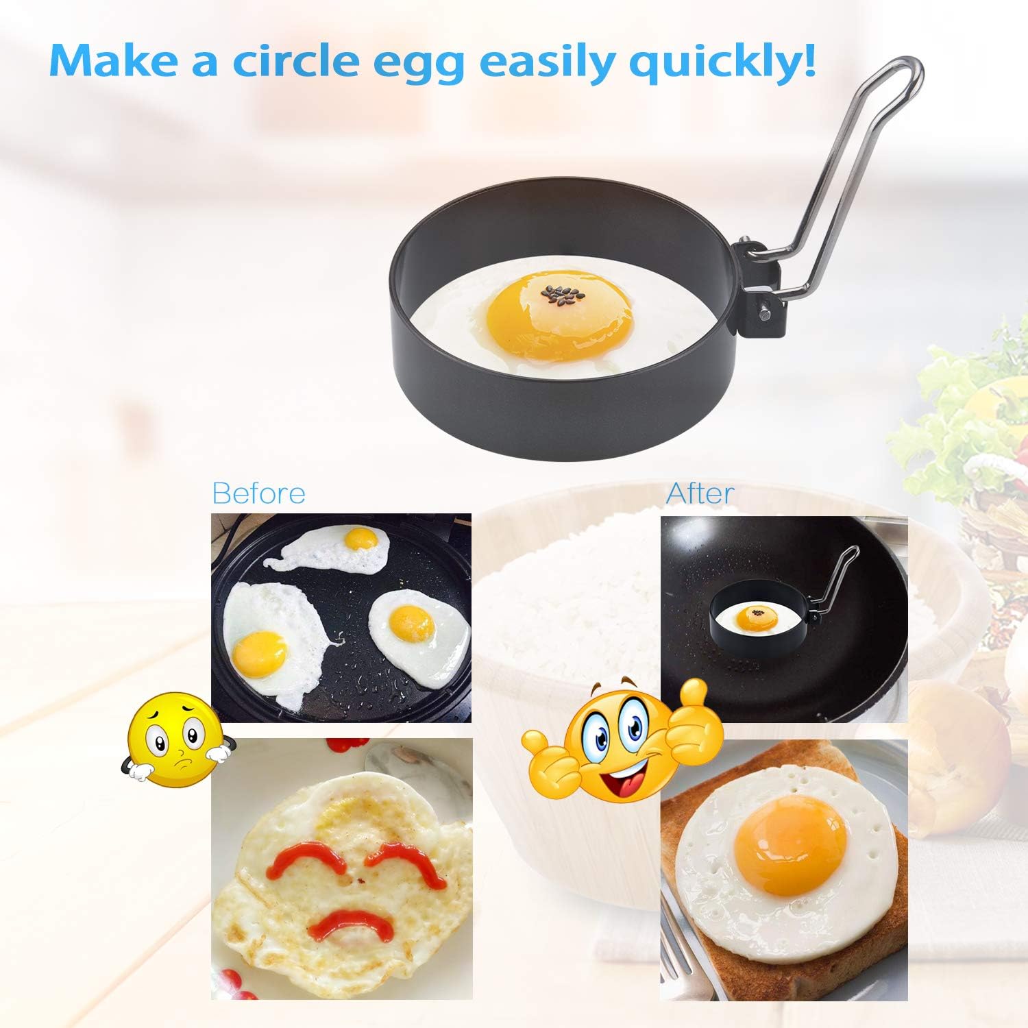 JIZZU 4 PCS Round Fried Egg Ring for Poaching, Metal Egg Rings NonStick for Frying Egg, Frying