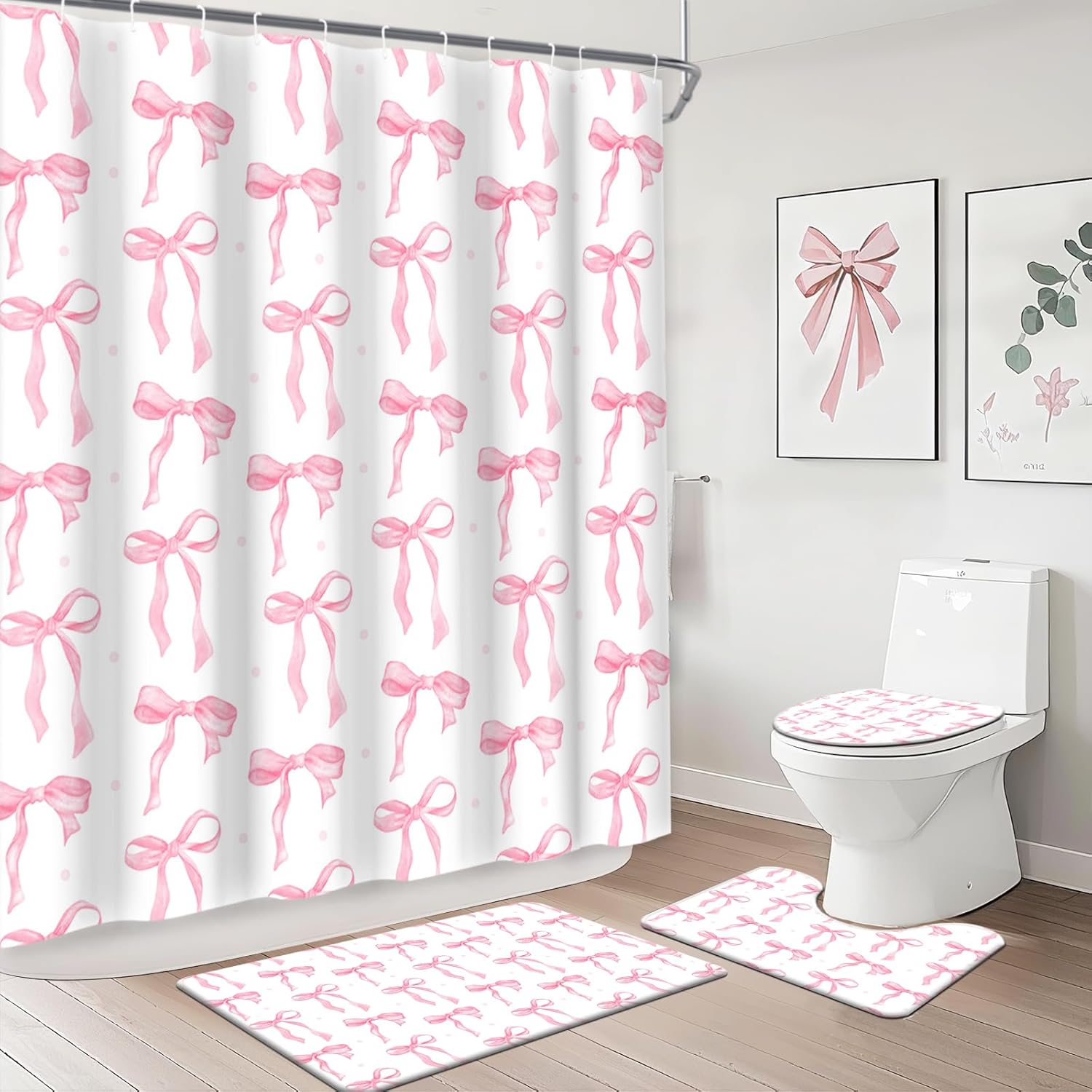 MEHOFOND Pink Bow Shower Curtain Sets 4 Pcs for Girls Coquette Bow Bath Curtain Set with Shower Curtain,Non-Slip Rug,Toilet Lid Cover, Bath Mat and 12 Hooks Pretty Modern Aesthetic Bathroom Decor
