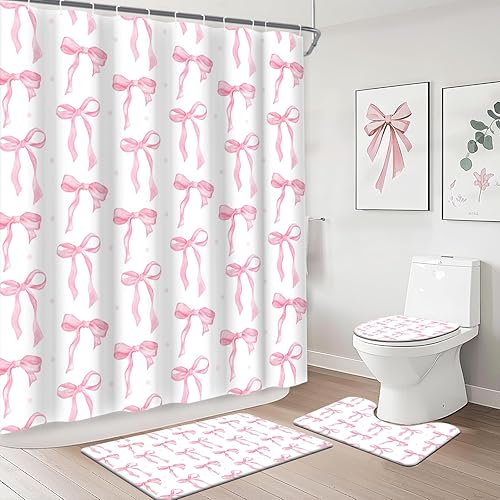 MEHOFOND Pink Bow Shower Curtain Sets 4 Pcs for Girls