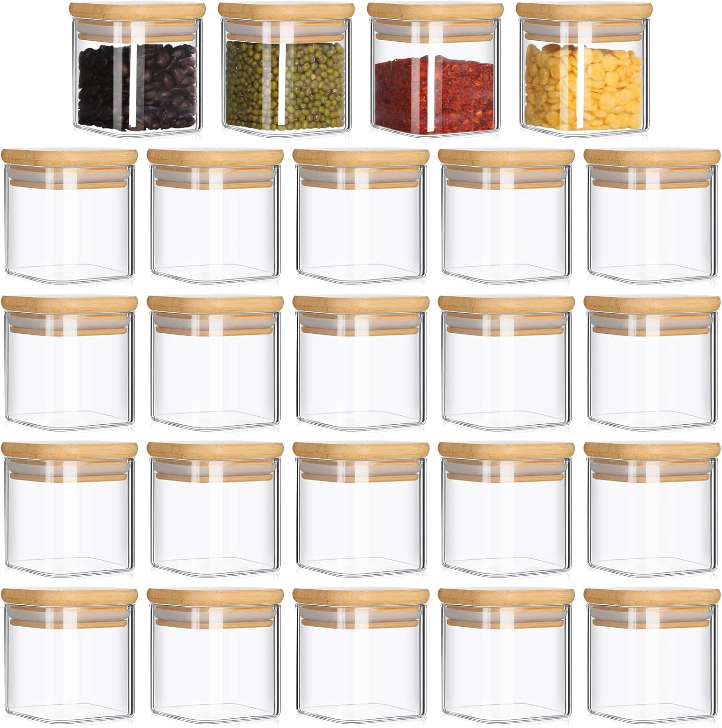 Nuenen Set of 24 Airtight Square Spice Containers 4 oz Glass Spice Jars with Bamboo Lid Small Seasoning Jars Empty Food Storage Containers for Pantry Clear Food Canisters for Kitchen Sugar Coffee Nuenen Set of 24 Airtight Square Spice Containers 4 oz Glass Spice Jars with Bamboo Lid Small Seasoning Jars Empty Food Storage Containers for Pantry Clear Food Canisters for Kitchen Sugar Coffee